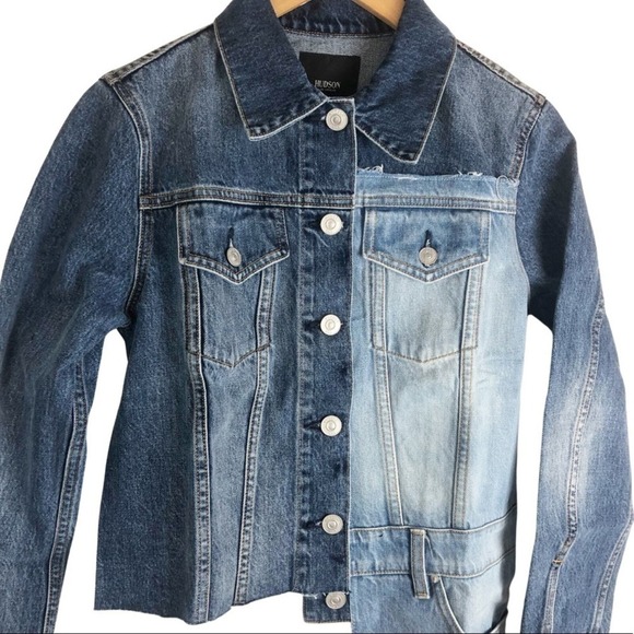 Hudson NWT Spliced Trucker Deconstructed Denim Jacket Patchwork Blue Distressed - Picture 4 of 8